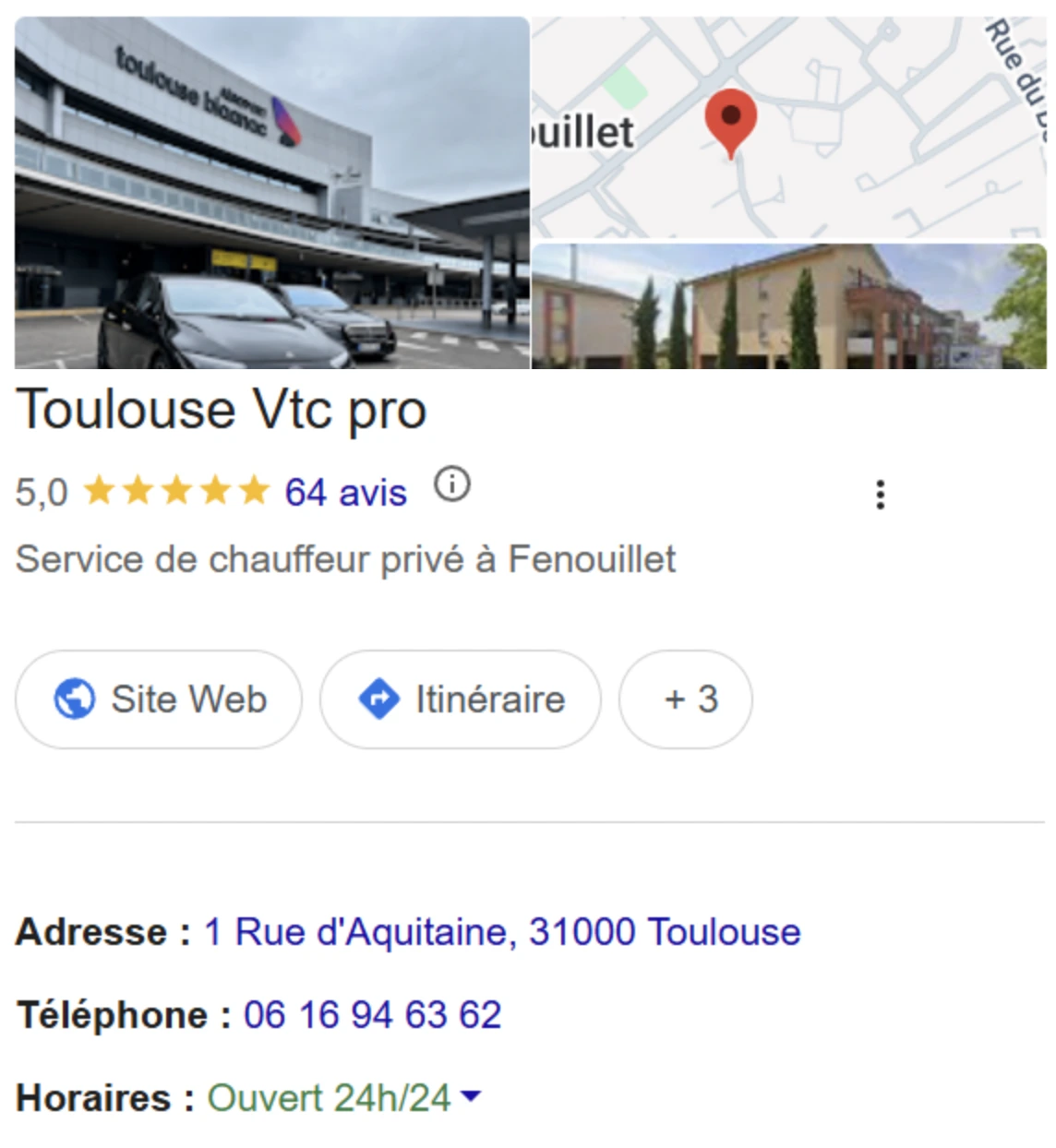 Fiche Google Business Profile de Toulouse VTC Pro — 5,0 sur 64 avis, service de chauffeur privé à Fenouillet