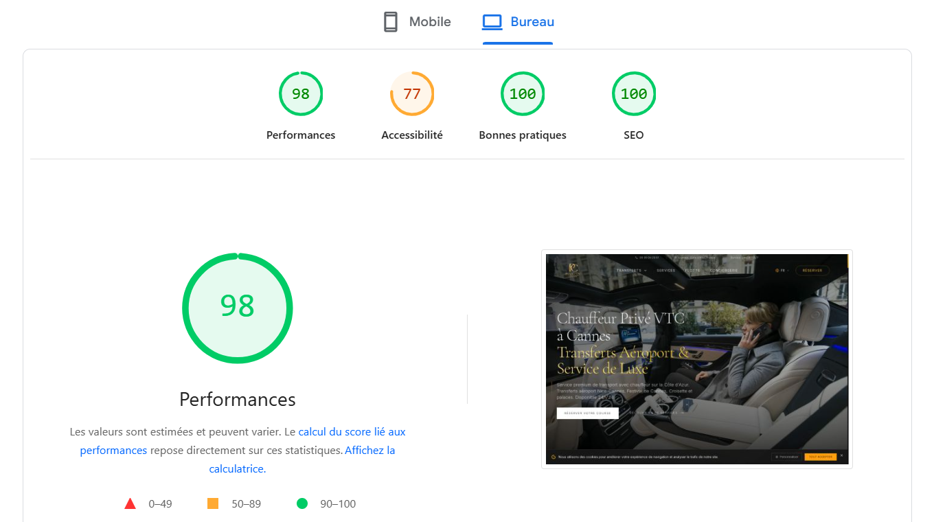 PageSpeed Score Plug-In Cannes - 98 Performance, 100 SEO